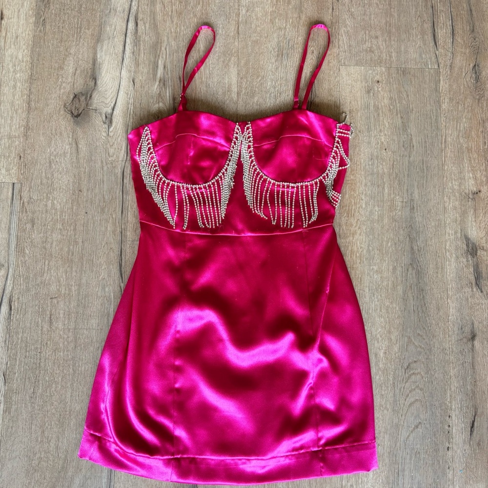 Elegant Pink Satin Dress with Rhinestone Detailing